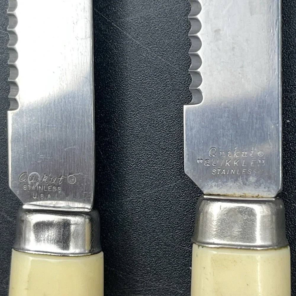 Quikut‎ Stainless Serrated Steak Knives Ivory Handles Lot 5 USA Vintage